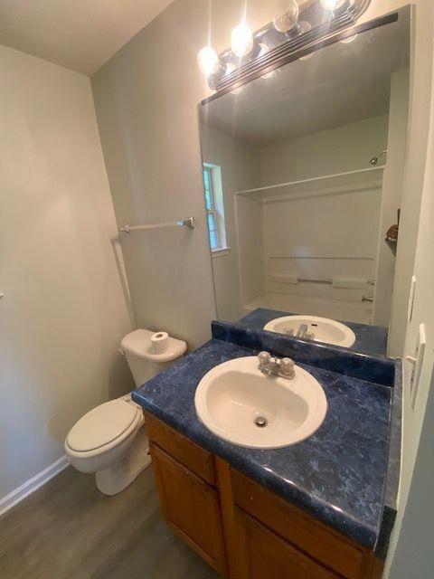 bathroom featuring wood-type flooring, toilet, vanity, and a shower