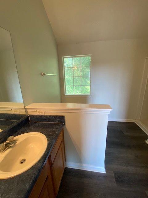 bathroom with lofted ceiling, vanity, and wood-type flooring