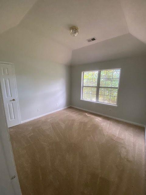 carpeted spare room featuring lofted ceiling