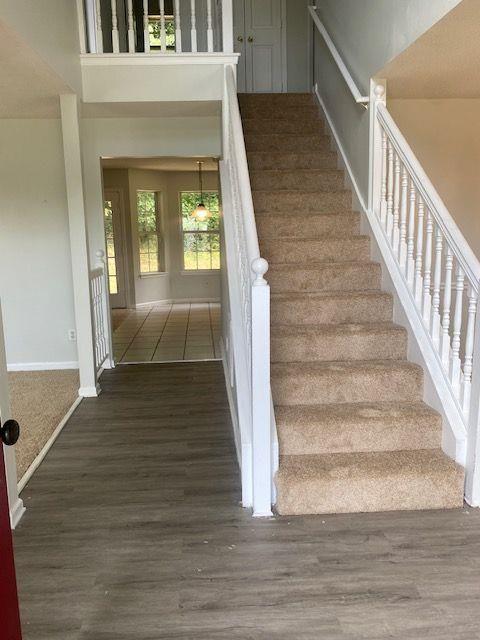 stairway with hardwood / wood-style flooring