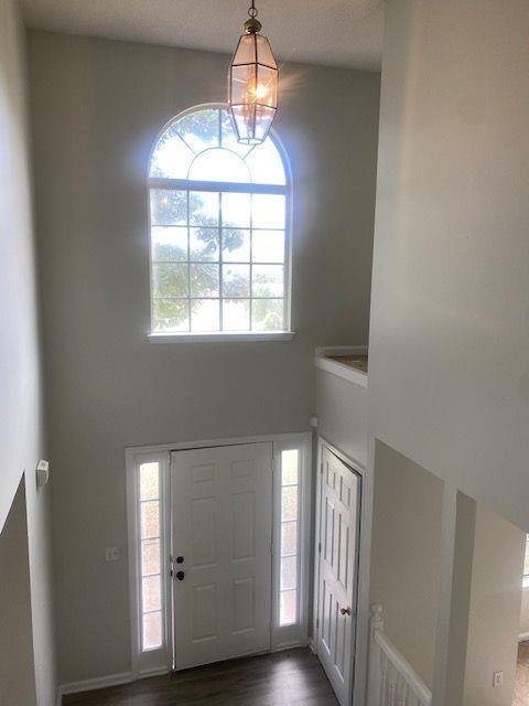 entryway with an inviting chandelier, a towering ceiling, and dark hardwood / wood-style flooring