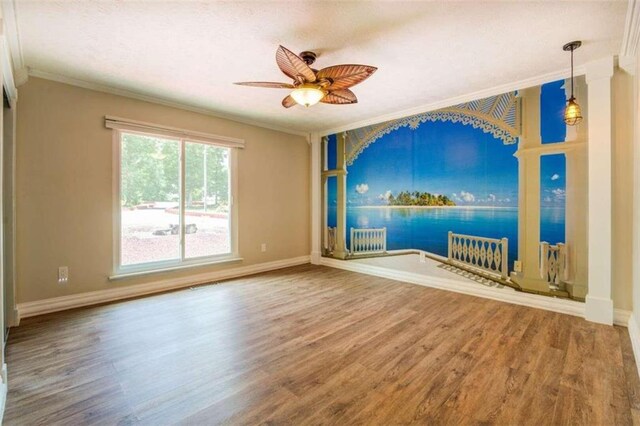 spare room featuring crown molding, ceiling fan, and wood-type flooring