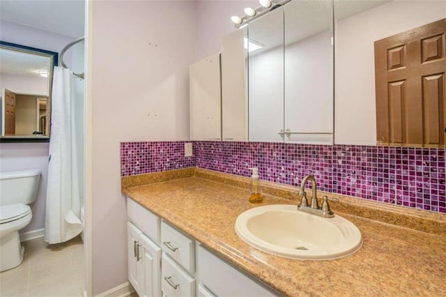 bathroom with tile patterned flooring, toilet, decorative backsplash, vanity, and a shower with shower curtain