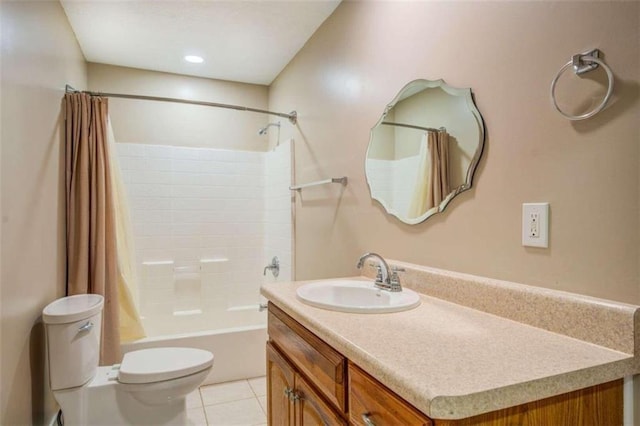 full bathroom featuring shower / bath combo, vanity, toilet, and tile patterned floors