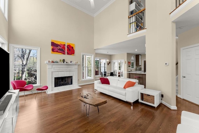 12350 Broadleaf Ln, Johns Creek, GA 30005 - living room featuring ornamental molding, a fireplace, wood finished floors, a high ceiling, and baseboards