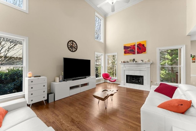 12350 Broadleaf Ln, Johns Creek, GA 30005 - living area with a towering ceiling, wood finished floors, a tiled fireplace, a ceiling fan, and ornamental molding