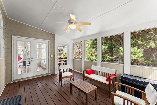 12350 Broadleaf Ln, Johns Creek, GA 30005 - sunroom / solarium featuring french doors, vaulted ceiling, healthy amount of natural light, and ceiling fan