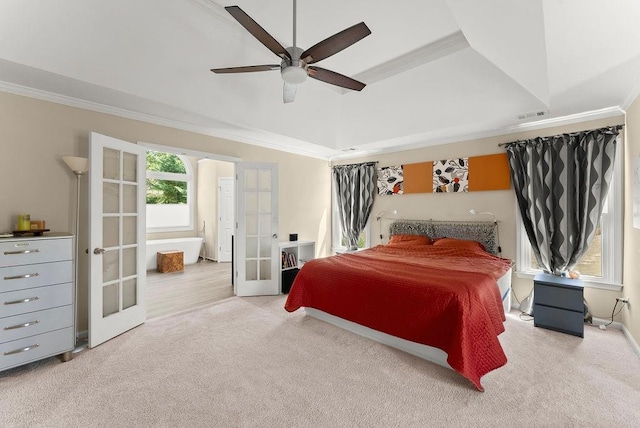 12350 Broadleaf Ln, Johns Creek, GA 30005 - bedroom featuring french doors, carpet flooring, ornamental molding, ceiling fan, and lofted ceiling