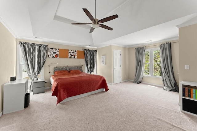 12350 Broadleaf Ln, Johns Creek, GA 30005 - bedroom with carpet, crown molding, baseboards, a ceiling fan, and a raised ceiling