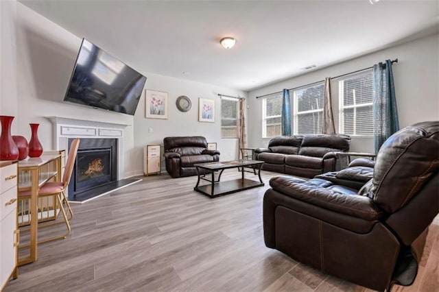 living room with light hardwood / wood-style flooring