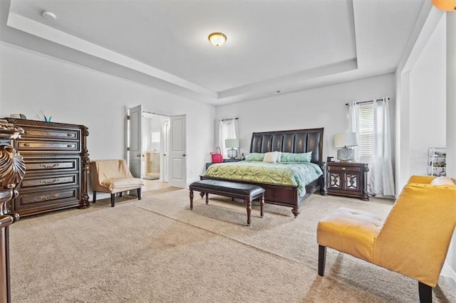 bedroom featuring carpet, ensuite bath, and a tray ceiling