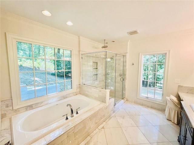 bathroom with crown molding, independent shower and bath, and vanity