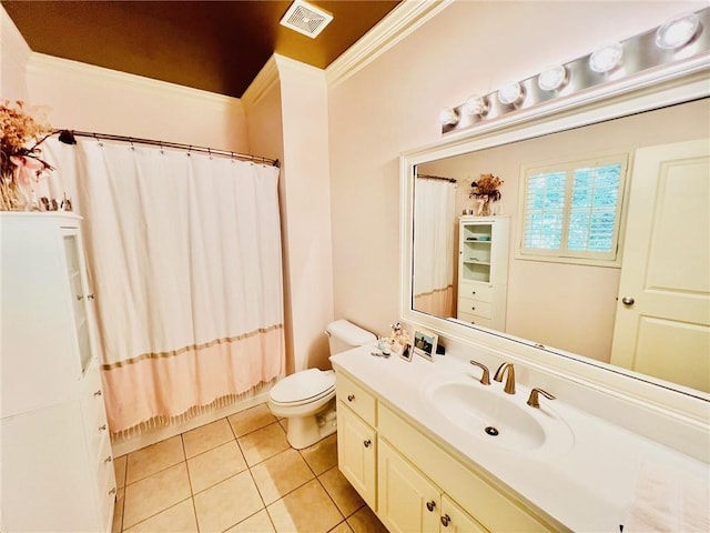 bathroom with vanity, ornamental molding, tile patterned floors, a shower with curtain, and toilet