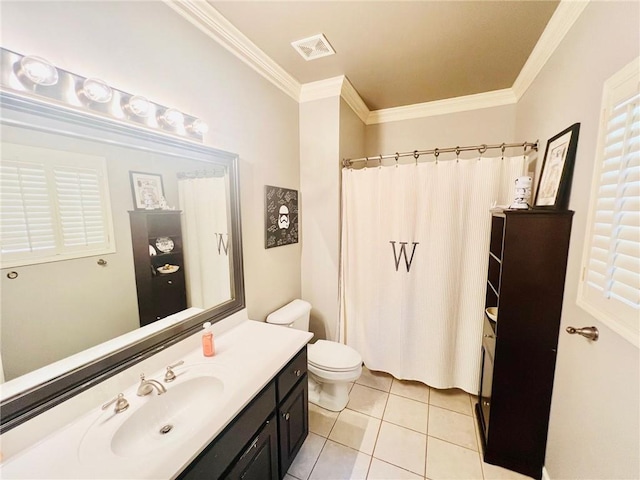 bathroom featuring ornamental molding, tile patterned flooring, vanity, and toilet