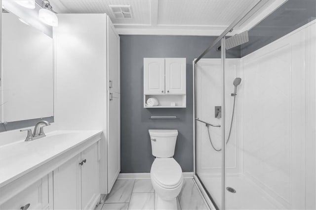 bathroom featuring marble finish floor, visible vents, a shower stall, and toilet