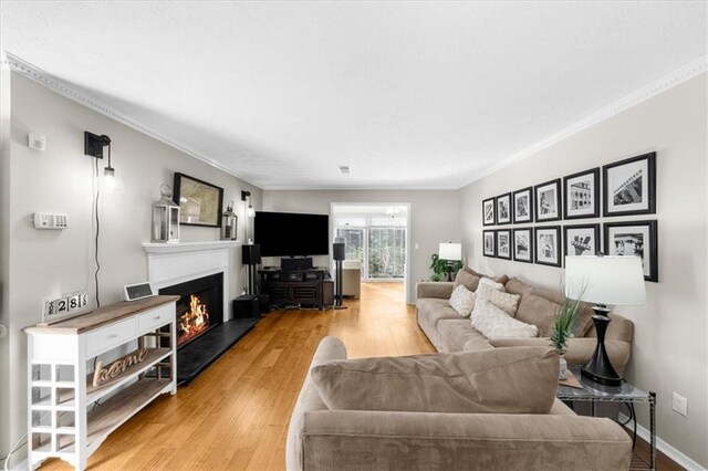 living room featuring wood finished floors, a warm lit fireplace, and crown molding