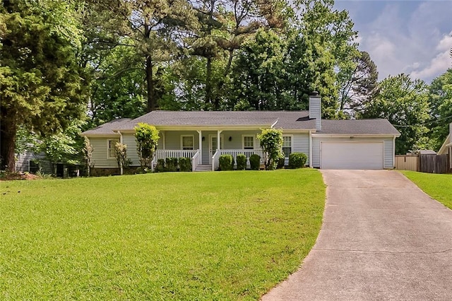single story home with a porch, driveway, a chimney, a front yard, and fence