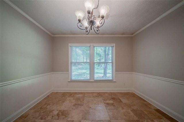 unfurnished dining area featuring stone finish flooring, baseboards, a notable chandelier, and ornamental molding