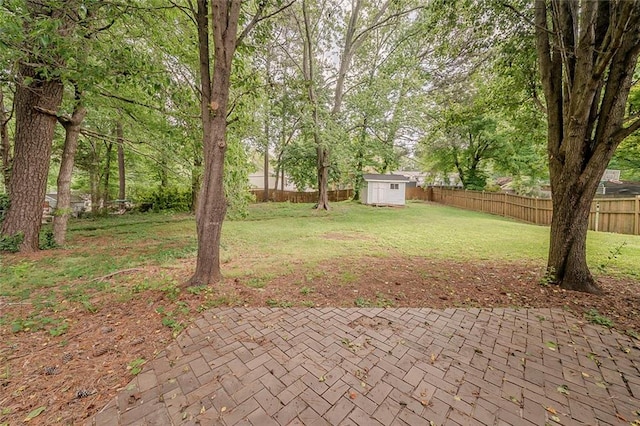 view of yard featuring a fenced backyard, an outbuilding, a shed, and a patio area