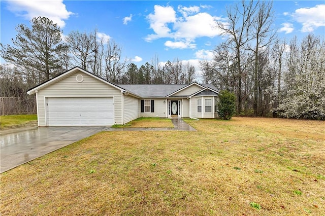 ranch-style home featuring an attached garage, a front yard, and driveway
