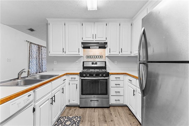 kitchen featuring light countertops, under cabinet range hood, a sink, and appliances with stainless steel finishes