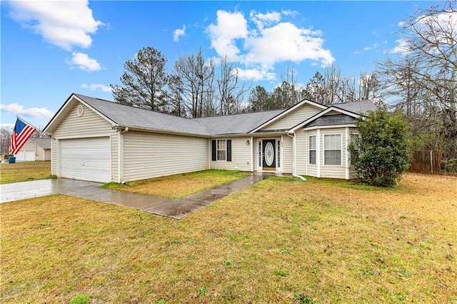 ranch-style house with a front lawn, driveway, and a garage