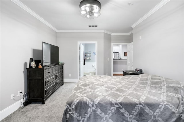4100 Paces Walk SE Unit 2304, Atlanta, GA 30339 - bedroom featuring crown molding, baseboards, light carpet, freestanding refrigerator, and ensuite bathroom