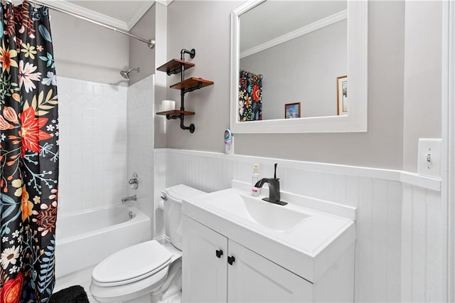 4100 Paces Walk SE Unit 2304, Atlanta, GA 30339 - bathroom with ornamental molding, a wainscoted wall, toilet, shower / tub combo, and vanity