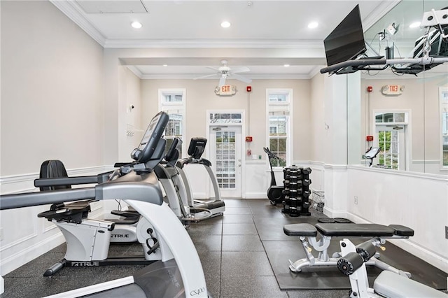 4100 Paces Walk SE Unit 2304, Atlanta, GA 30339 - workout area with crown molding, ceiling fan, recessed lighting, wainscoting, and a decorative wall