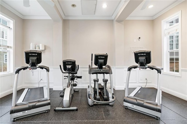 4100 Paces Walk SE Unit 2304, Atlanta, GA 30339 - exercise room featuring ornamental molding, a wainscoted wall, and recessed lighting