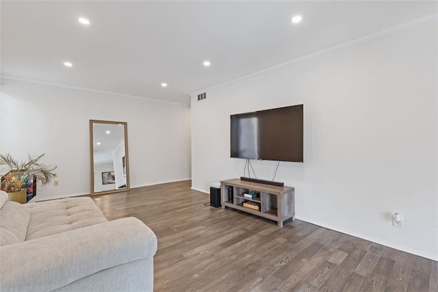 3236 Henderson Mill Rd Unit 1, Chamblee, GA 30341 - living room with wood finished floors, recessed lighting, and ornamental molding
