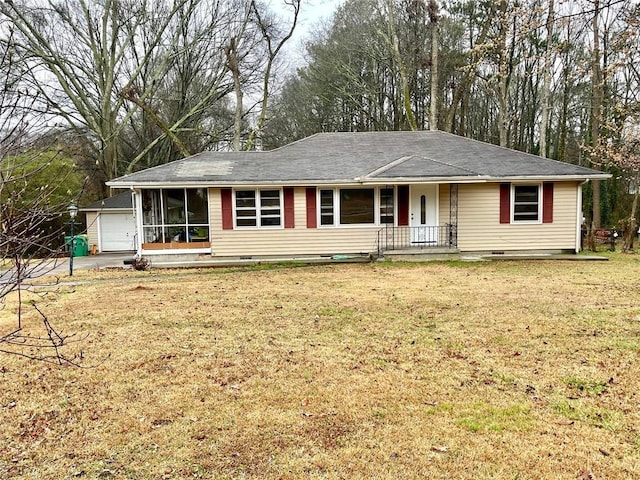 single story home with a porch, a garage, a sunroom, crawl space, and a front lawn