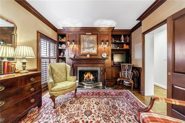 3456 Paces Pl NW, Atlanta, GA 30327 - living area featuring ornamental molding, a premium fireplace, and baseboards