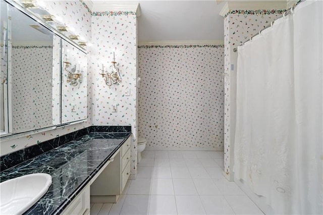 3456 Paces Pl NW, Atlanta, GA 30327 - bathroom featuring ornamental molding, vanity, toilet, a shower with curtain, and wallpapered walls