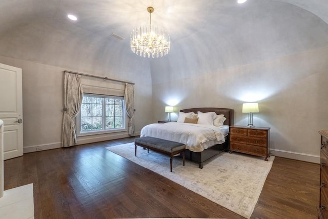 bedroom featuring wood finished floors, baseboards, a chandelier, and high vaulted ceiling