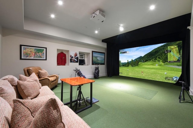 rec room with carpet floors, recessed lighting, baseboards, and golf simulator