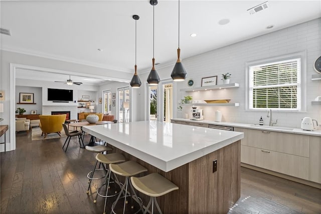 kitchen featuring visible vents, a fireplace, a sink, modern cabinets, and a center island