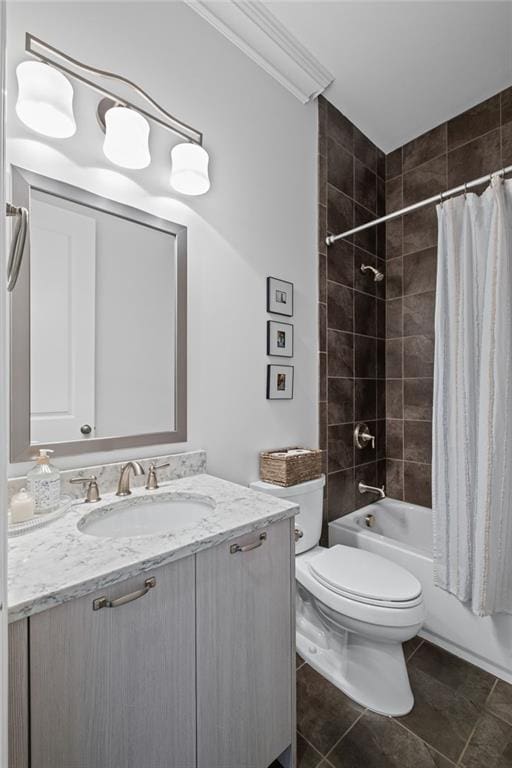 full bath with tile patterned floors, toilet, shower / bath combo, ornamental molding, and vanity