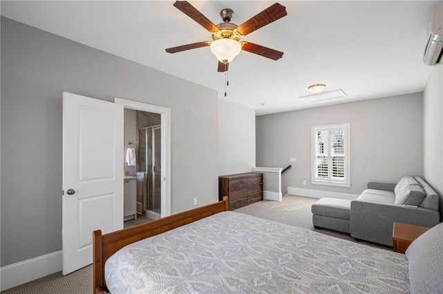 bedroom featuring attic access, baseboards, a wall mounted AC, and carpet