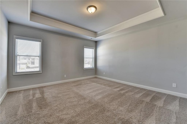 spare room featuring carpet, a raised ceiling, and baseboards