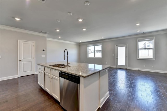 kitchen with light stone counters, a sink, open floor plan, stainless steel dishwasher, and crown molding