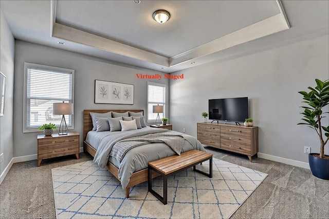 bedroom with a tray ceiling and baseboards