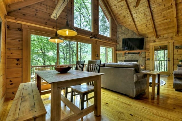 28452 Morganton Hwy, Suches, GA 30572 - dining room featuring wood ceiling with exposed beams, light wood finished floors, high vaulted ceiling, wooden walls, and a fireplace