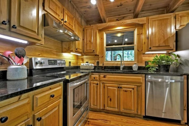 28452 Morganton Hwy, Suches, GA 30572 - kitchen with stainless steel appliances, under cabinet range hood, a sink, light wood-type flooring, and wooden ceiling with exposed beams