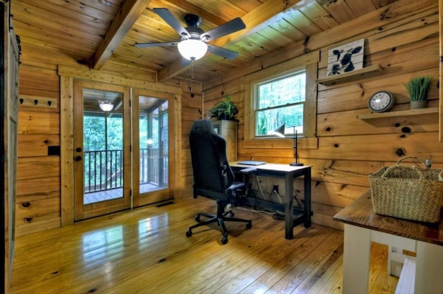 28452 Morganton Hwy, Suches, GA 30572 - office featuring wood ceiling with exposed beams, hardwood / wood-style flooring, a ceiling fan, and wood walls