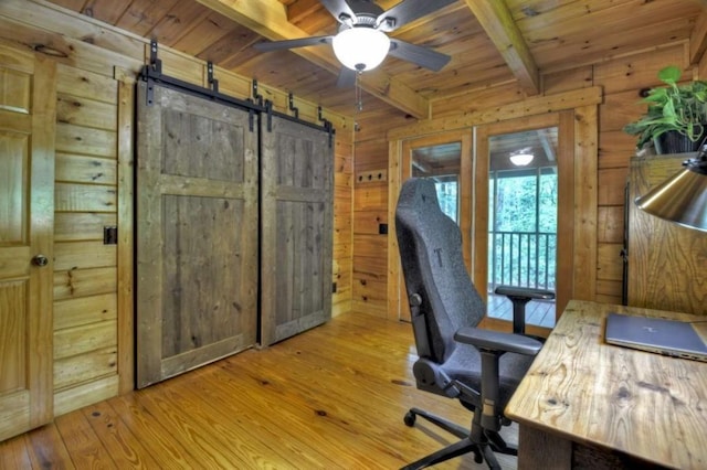 28452 Morganton Hwy, Suches, GA 30572 - office with light wood-type flooring, a barn door, wooden ceiling with exposed beams, ceiling fan, and wood walls
