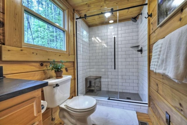 28452 Morganton Hwy, Suches, GA 30572 - bathroom with toilet, a shower stall, wood walls, vanity, and wood ceiling