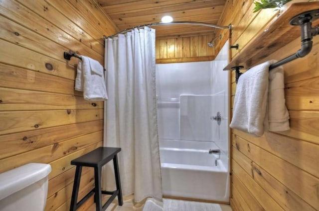 28452 Morganton Hwy, Suches, GA 30572 - bathroom with wooden walls, shower / bath combo with shower curtain, toilet, and wooden ceiling