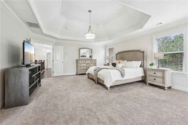 carpeted bedroom featuring crown molding and a raised ceiling