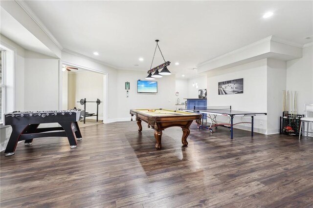 game room featuring ornamental molding, dark hardwood / wood-style flooring, and billiards